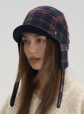 JOJOKUR 冬季雷锋帽情侣保暖护耳_深蓝红格双面呢复古飞机帽子