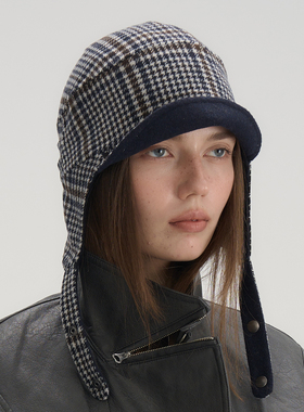 JOJOKUR 复古vintage进口羊毛面料千鸟格护耳雷锋帽双面呢飞机帽