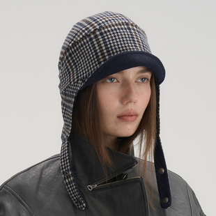 JOJOKUR 复古vintage进口羊毛面料千鸟格护耳雷锋帽双面呢飞机帽