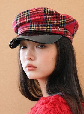 JOJOKUR 圣诞限量款格纹造型红色秋冬圆顶贝雷帽显脸小