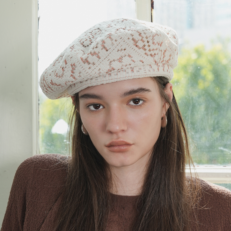 JOJOKUR 米白镂空蕾丝氛围感简约针织装饰圆顶秋冬贝雷帽显脸小