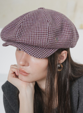 JOJOKUR 经典帽型莓果紫色羊毛小格纹造型感精致八角报童帽贝雷帽