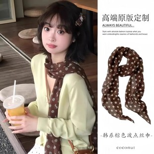 棕色波点丝巾印花高级百搭秋冬季时尚小众配饰系脖女发带绑发围巾
