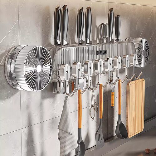 厨房吸盘挂钩一排免打孔多功能滑轨锅铲勺子刀架挂杆壁挂式置物架