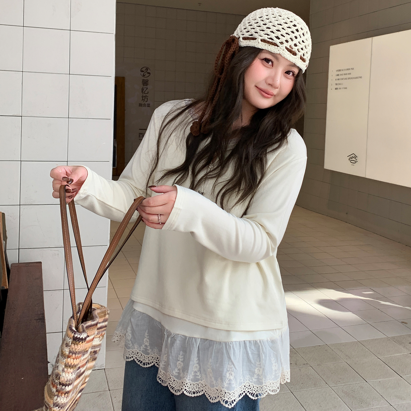 YUZI鱼子针织衫花边下摆两件套