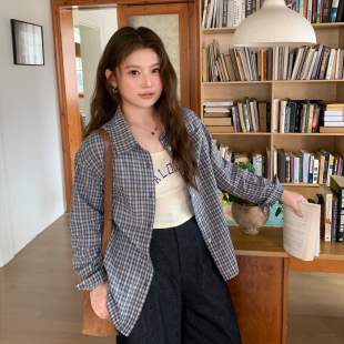 胖mm宽松休闲百搭衬衣长袖 女装 上衣 特大码 YUZI鱼子复古格子衬衫