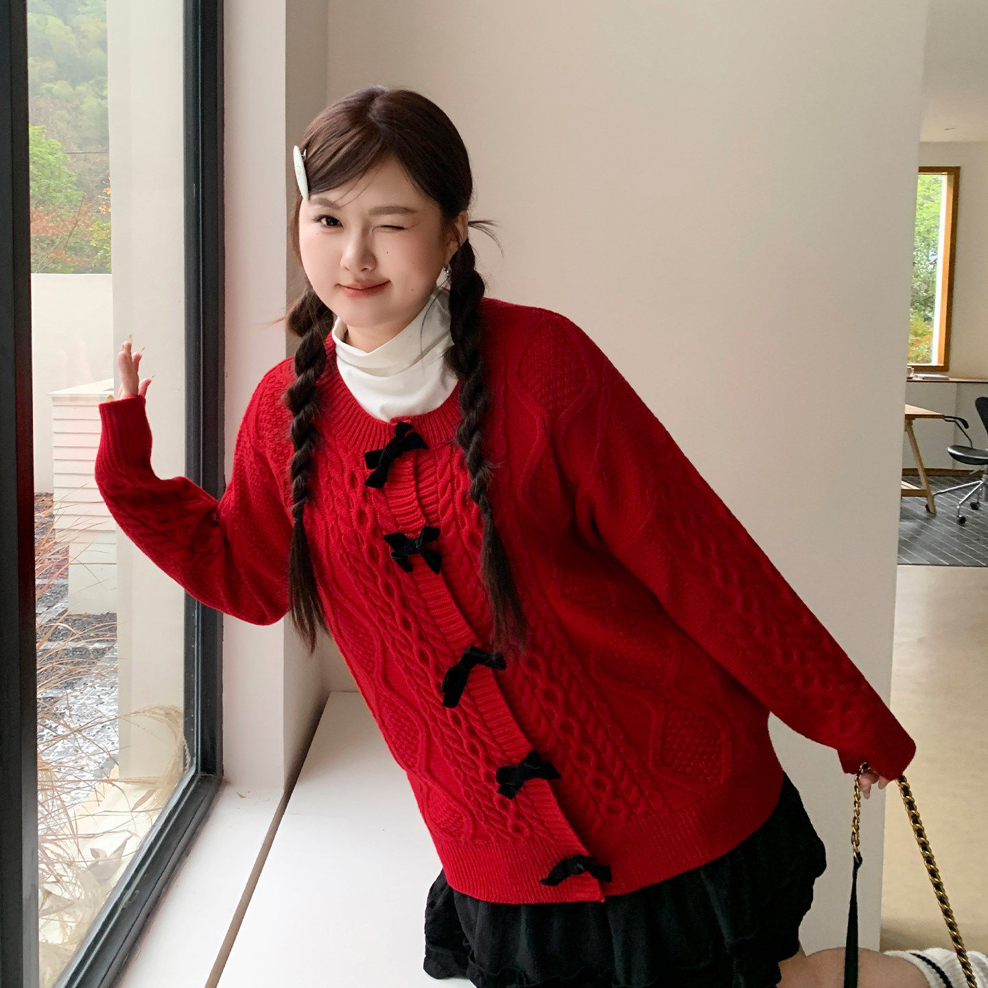 YUZI鱼子红色氛围感毛衣开衫新年千金感黑色丝绒蝴蝶结大码女装,女装/女士精品,大码内搭,淘宝优惠券,粉丝福利购,淘宝优惠卷