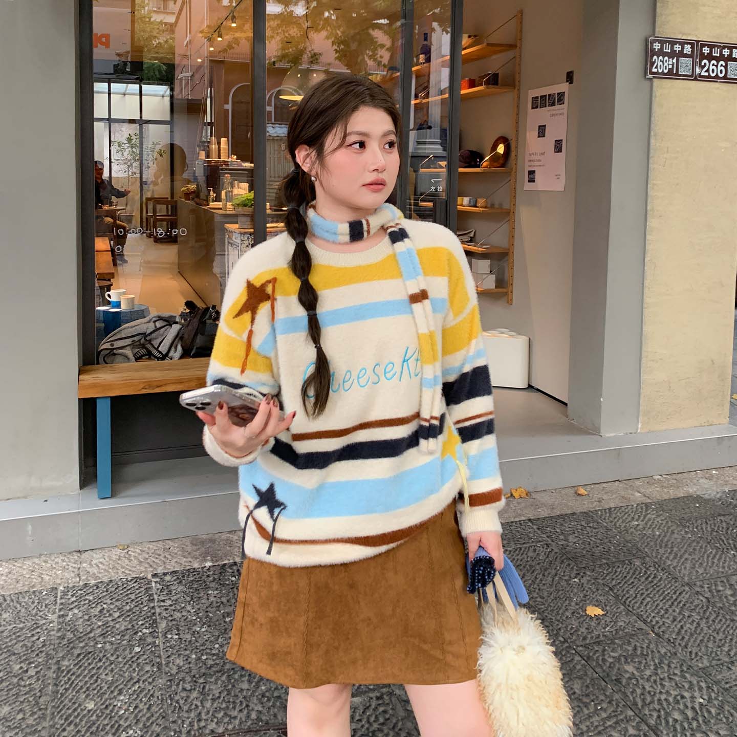 YUZI撞色条纹马海毛冬大码女装