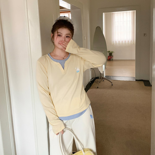 YUZI鱼子假两件长袖T恤特大码