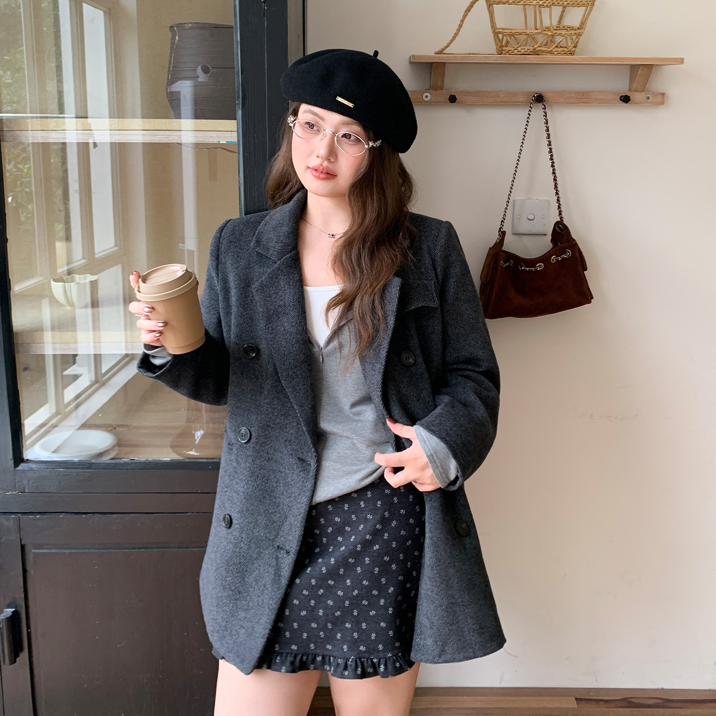 YUZI鱼子毛呢西装外套特大码秋冬