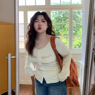 百搭微胖mm妹显瘦遮肉慵懒舒适花边上衣 女装 YUZI鱼子T恤长袖 大码