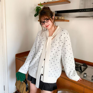女装 毛衣韩系仿貂毛领口系带气质宽松显瘦大码 鱼子波点开衫 YUZI