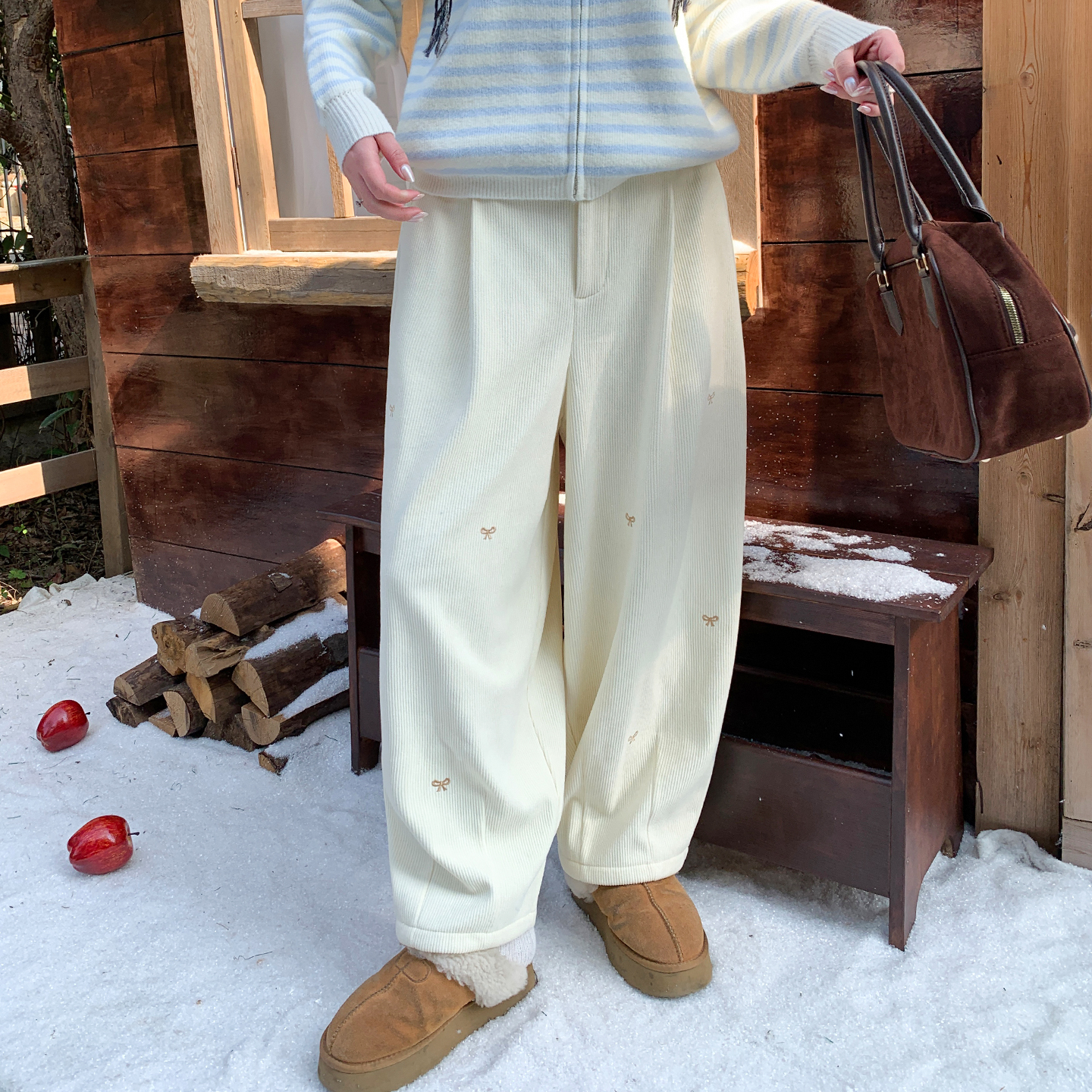 YUZI鱼子灯芯绒加绒阔腿裤大码女