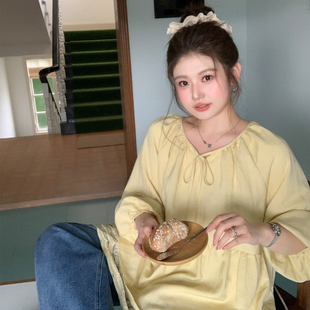 特大码 娃娃衫 女装 法式 奶黄温柔减龄 七分灯笼袖 YUZI鱼子初恋感衬衫