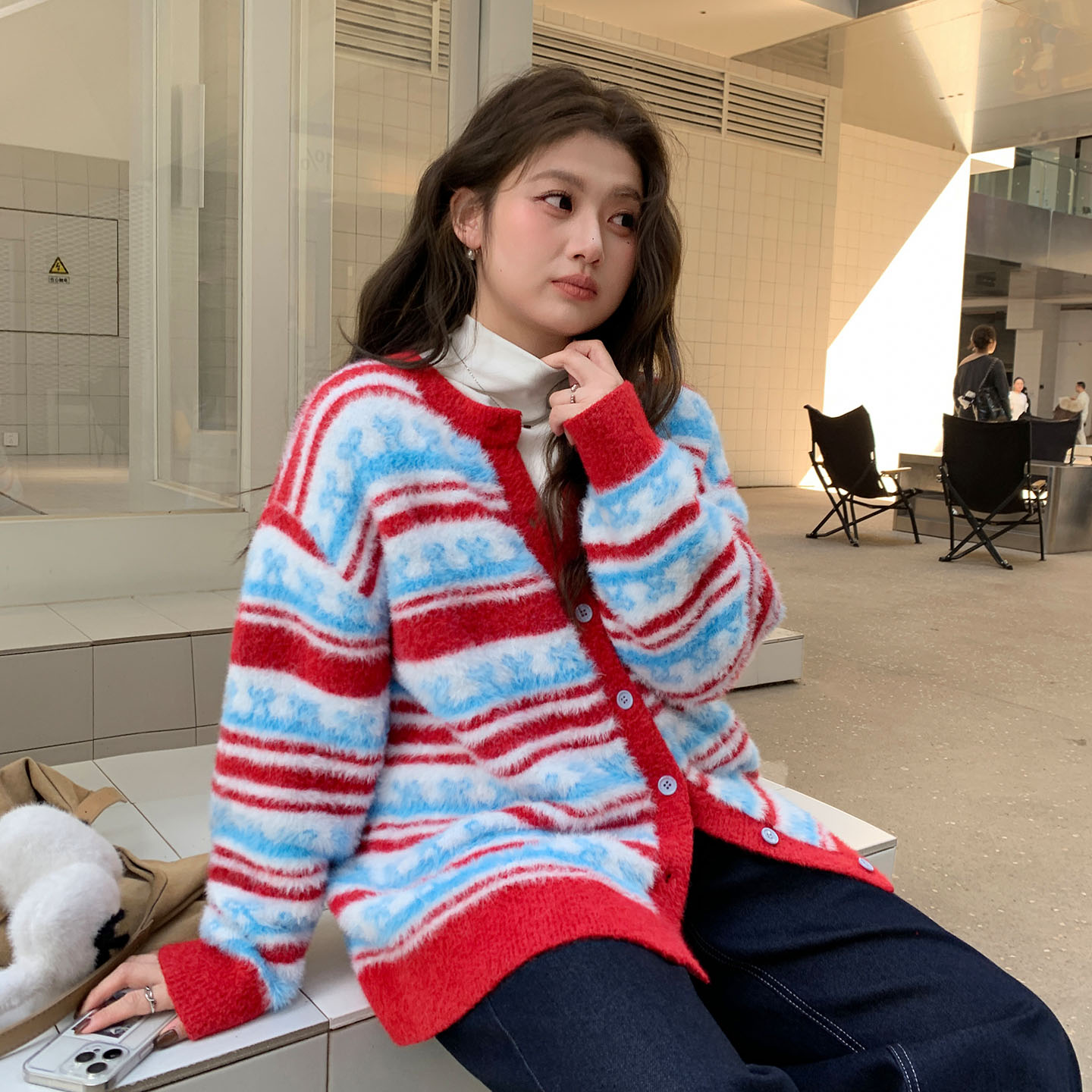 YUZI条纹针织开衫红蓝色大码女装