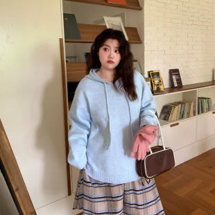 YUZI鱼子连帽毛衣特大码 胖mm花纱宽松落肩软糯甜美慵懒风秋冬 女装