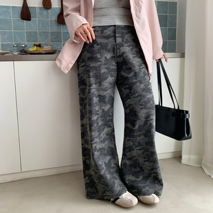 女装 特大码 复古街头高腰显瘦秋冬胖mm 阔腿裤 YUZI鱼子黑灰迷彩工装