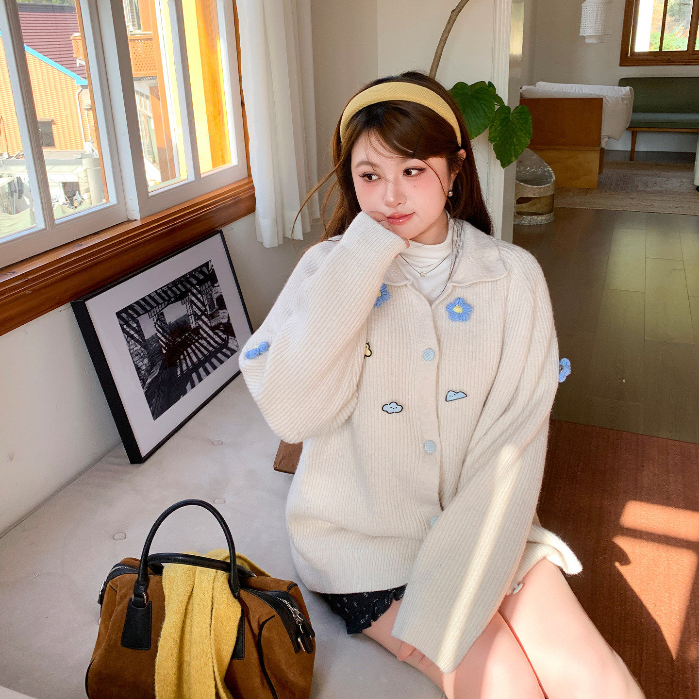 YUZI鱼子甜美花朵开衫毛衣外套秋冬韩版宽松气质长袖翻领大码女装,女装/女士精品,常规大码外套,淘宝优惠券,粉丝福利购,淘宝优惠卷