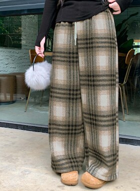 YUZI 鱼子复古格纹阔腿裤宽松180克毛呢秋冬休闲显瘦鱼子大码女装