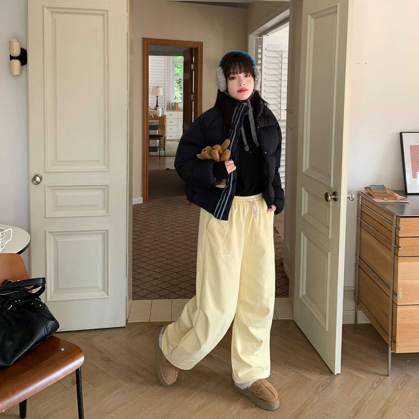 YUZI加绒加厚条纹阔腿裤黄色肌理