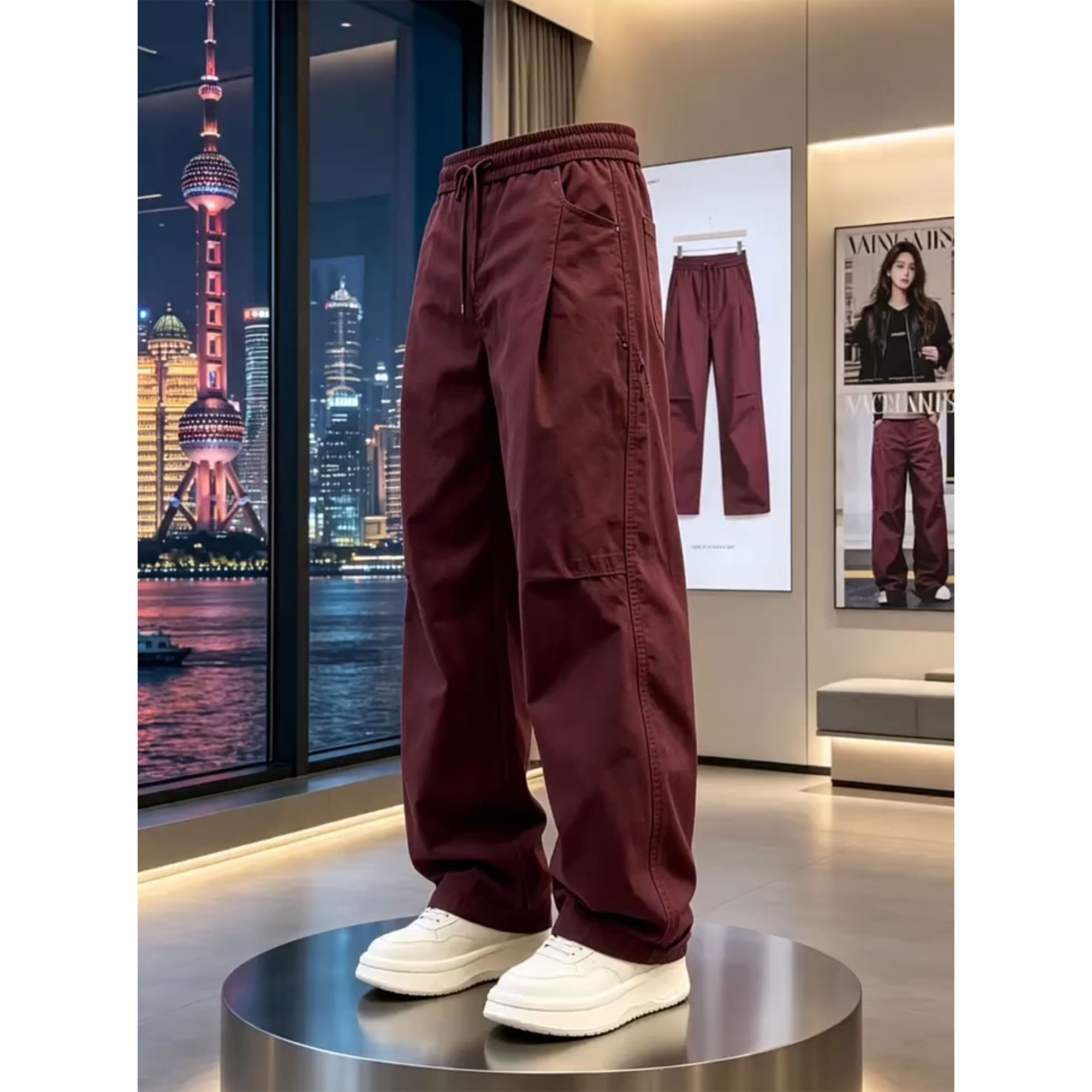 美式vibe酒红色褶皱阔腿裤男夏秋日系工装风弯刀裤情侣宽松休闲裤