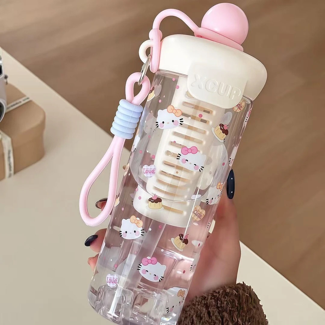 浮球吸管水杯大容量便携塑料杯女生可爱卡通带茶隔户外运动