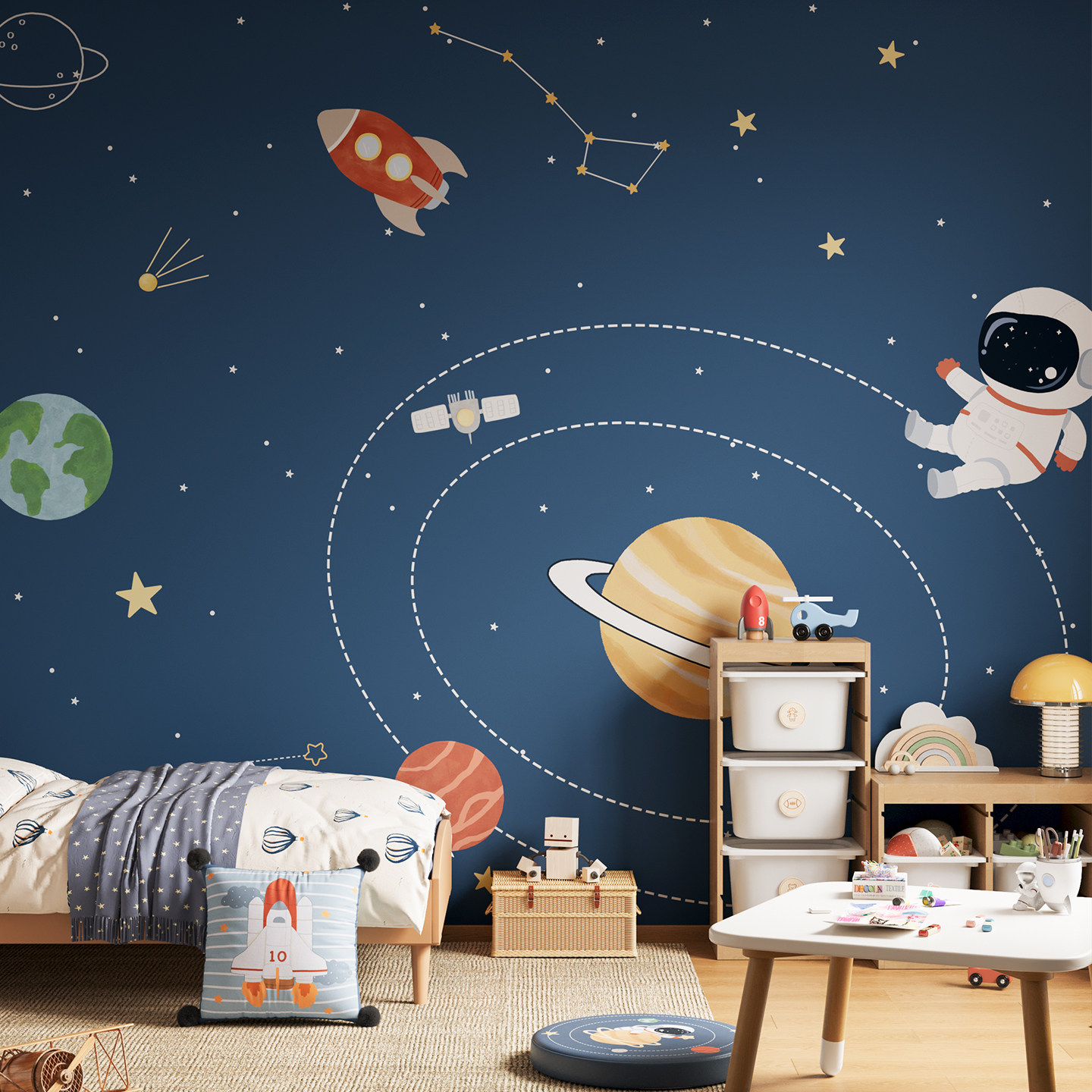 MeitingHome儿童房无缝墙布定制太空壁画男孩卧室背景墙壁纸墙纸