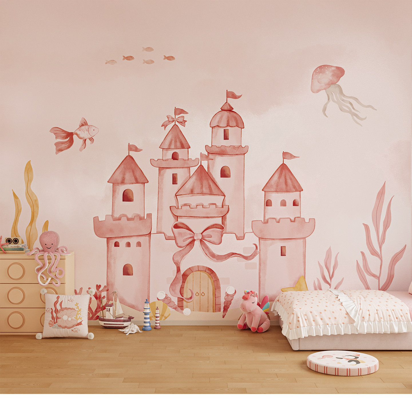 MeitingHome梦幻城堡儿童墙布女儿房定制壁布无缝全屋高级感壁画