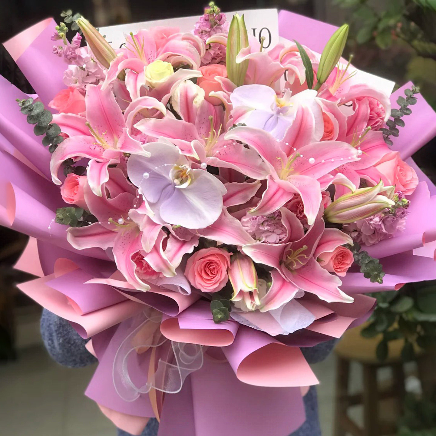 粉红玫瑰百合生日大花束鲜花同城速递配送妈妈长辈探望上海广州店