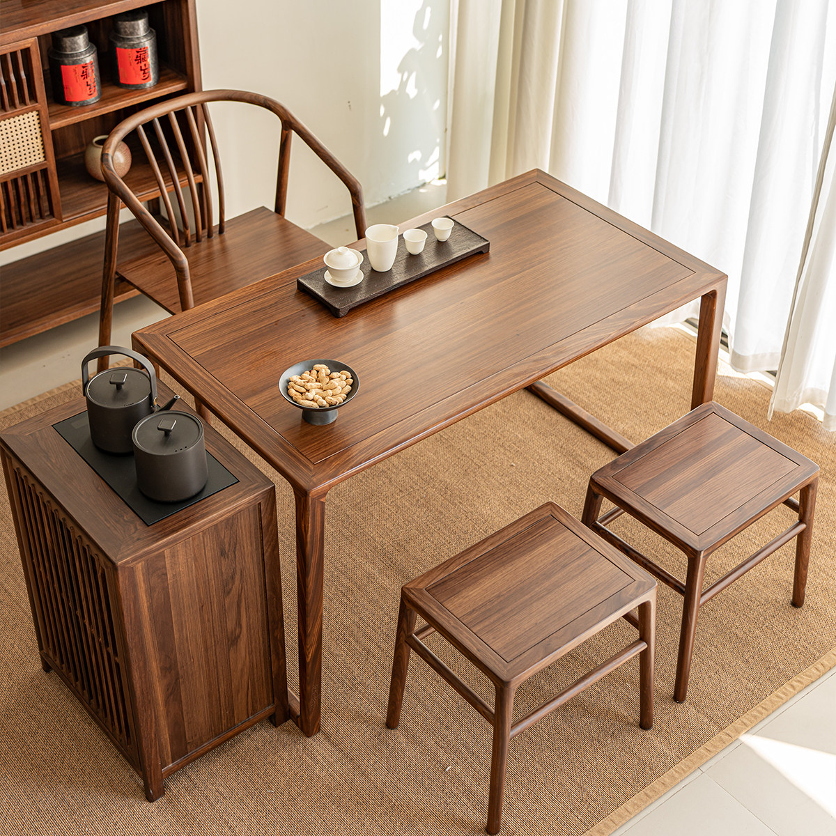 新中式茶桌椅组合纯实木北美黑胡桃茶室实木茶台阳台喝茶泡茶桌椅