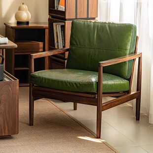 观见 单人主人沙发椅黑胡桃色实木设计师小户型客厅休闲真皮椅子