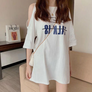 白色短袖T恤女夏季韩范中长版露肩字母上衣宽松慵懒bf风失踪上衣