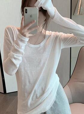 大领口白色纯棉长袖t恤女