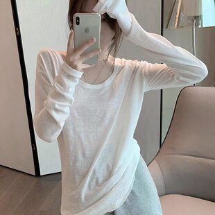 大领口白色纯棉长袖t恤女2025新款韩版宽松春秋冬低领内搭打底衫