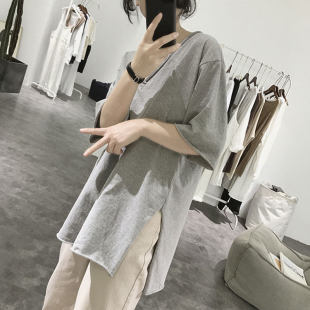 花灰色V领短袖t恤女夏装2025新款ins潮宽松中长版下衣失踪纯棉体
