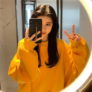 卫衣女宽松黄色上衣2024年新款秋冬加绒中长版圆领oversize外套冬