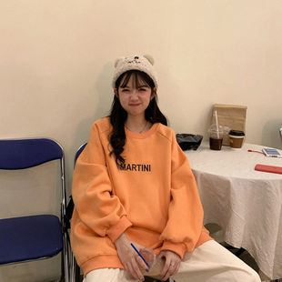 慵懒风超火圆领橙色卫衣女加绒秋冬韩版宽松字母中长版bf港风上衣