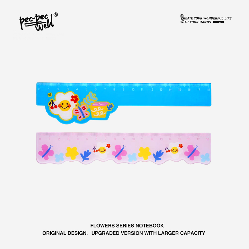 PECPECWELL 花朵印花亚克力尺子学生用品学生用尺可爱卡通测量工具超值组合装学校美术手工尺子量尺学校专用
