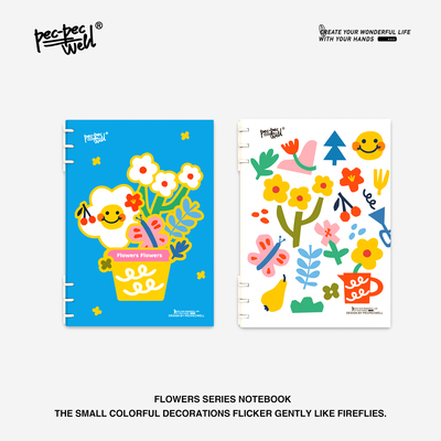 PECPECWELL六爪便携活页本蓝白花花可拆卸活页笔记本卡通花朵笔记本可爱活页记事本学生文具横线格纹内页