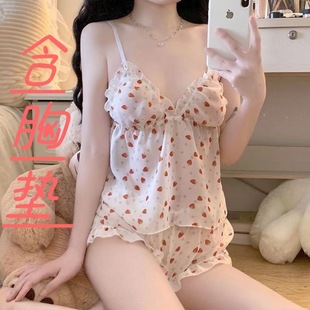高级感纯欲风带胸垫夏吊带短裤 性感睡衣女2025新款 碎花家居服甜美