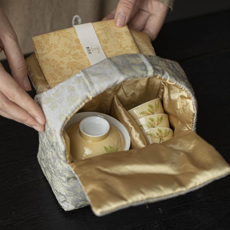 月黄手绘玉兰花便携旅行茶具套装户外泡茶收纳包中式一盖碗四杯,餐饮具,旅行茶具,淘宝优惠券,粉丝福利购,淘宝优惠卷