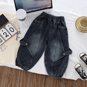 儿童做旧牛仔裤 男女宝宝春秋冬宽松休闲阔腿束脚加绒长裤 痞帅百搭