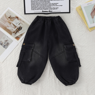 多口袋黑色裤 儿童秋冬加绒工装 韩版 男女宝宝宽松束脚长裤 子 牛仔裤