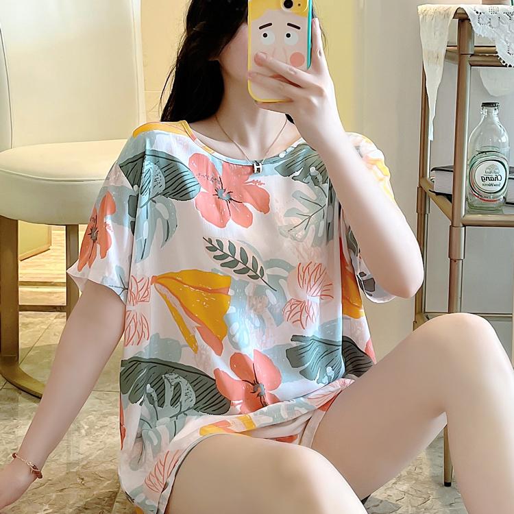 夏季纯棉绸睡衣女印花套装夏季