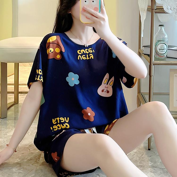春秋绵绸女宽松短袖家居服套装