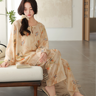 新款棉绸家居服套装女夏季长袖清冷风印花新中式睡衣春秋款可外穿