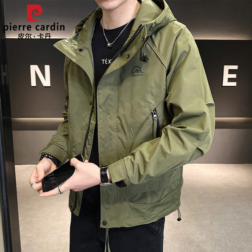 皮尔卡丹连帽工装夹克外套风衣男