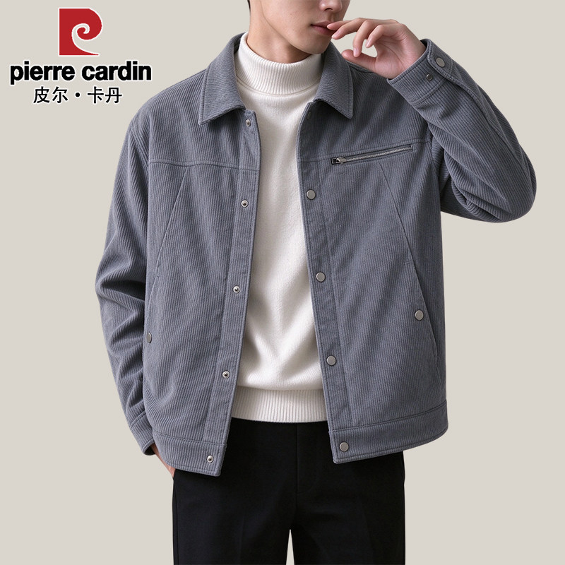 皮尔卡丹秋冬男士羊羔绒加绒加厚外穿休闲翻领中年灯芯绒棉衣外套