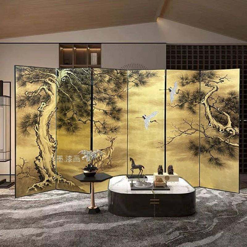 新中式折屏移动手绘金箔中古屏风漆画 画松树松鹤茶室隔断背景墙