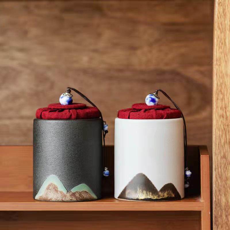 陶瓷黑陶远山手绘小号茶叶罐便携储存罐家用密封罐储物罐子茶具